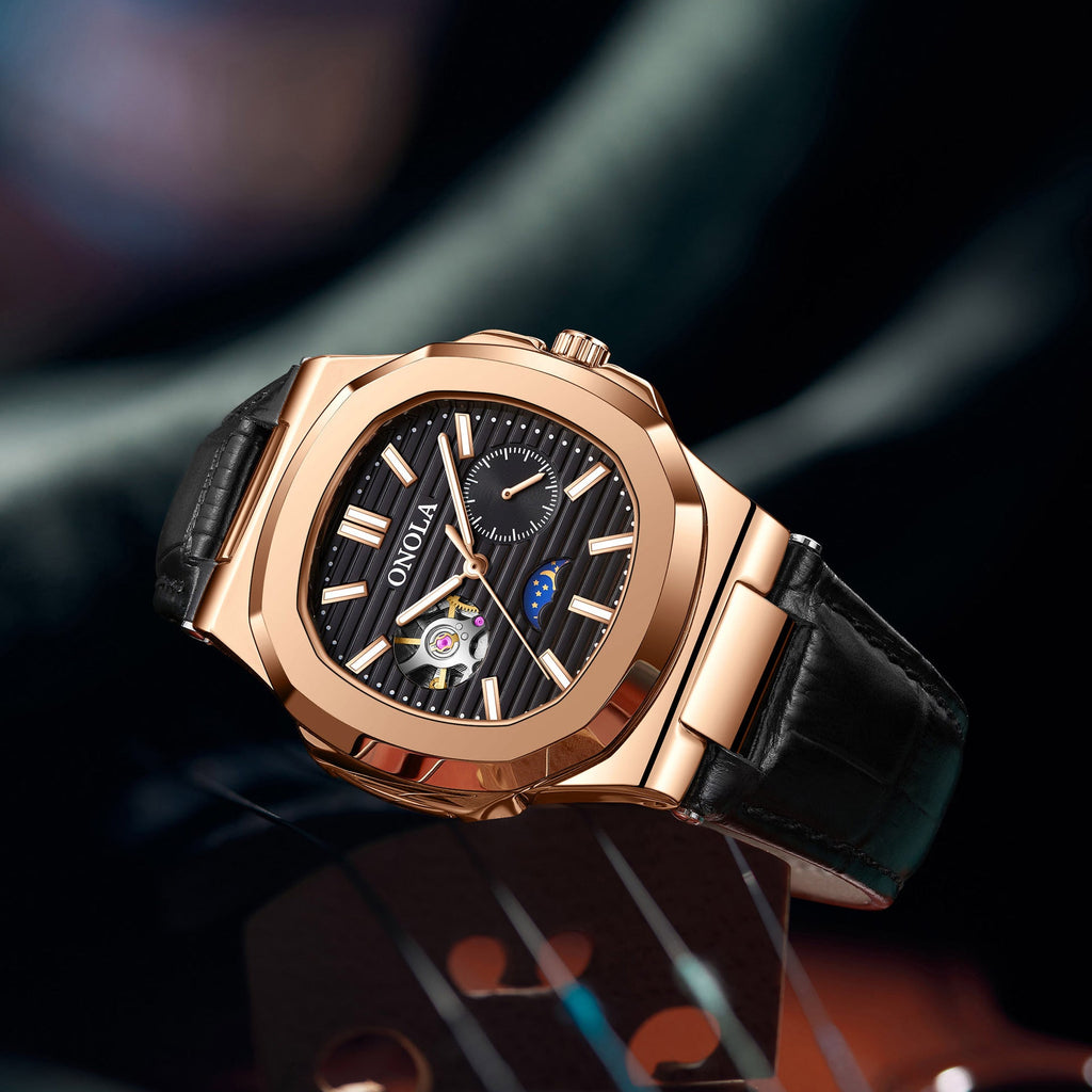 Montre mécanique haut de gamme design Soleil Lune Étoiles, bracelet cuir étanche - IVOIRART.COM