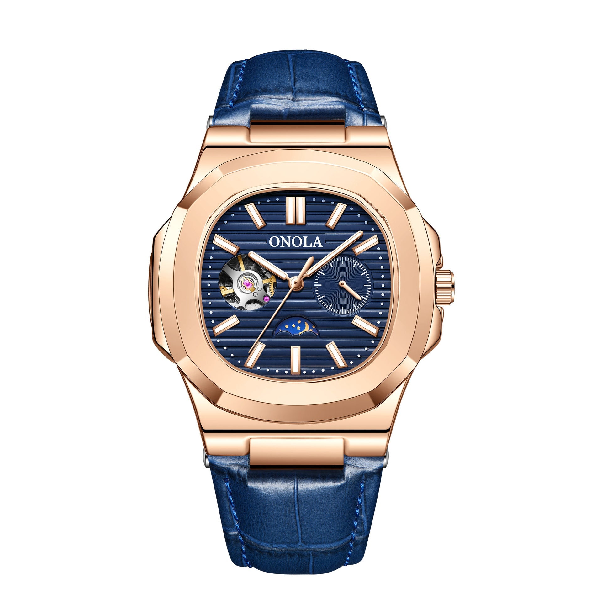 Montre mécanique haut de gamme design Soleil Lune Étoiles, bracelet cuir étanche - IVOIRART.COM
