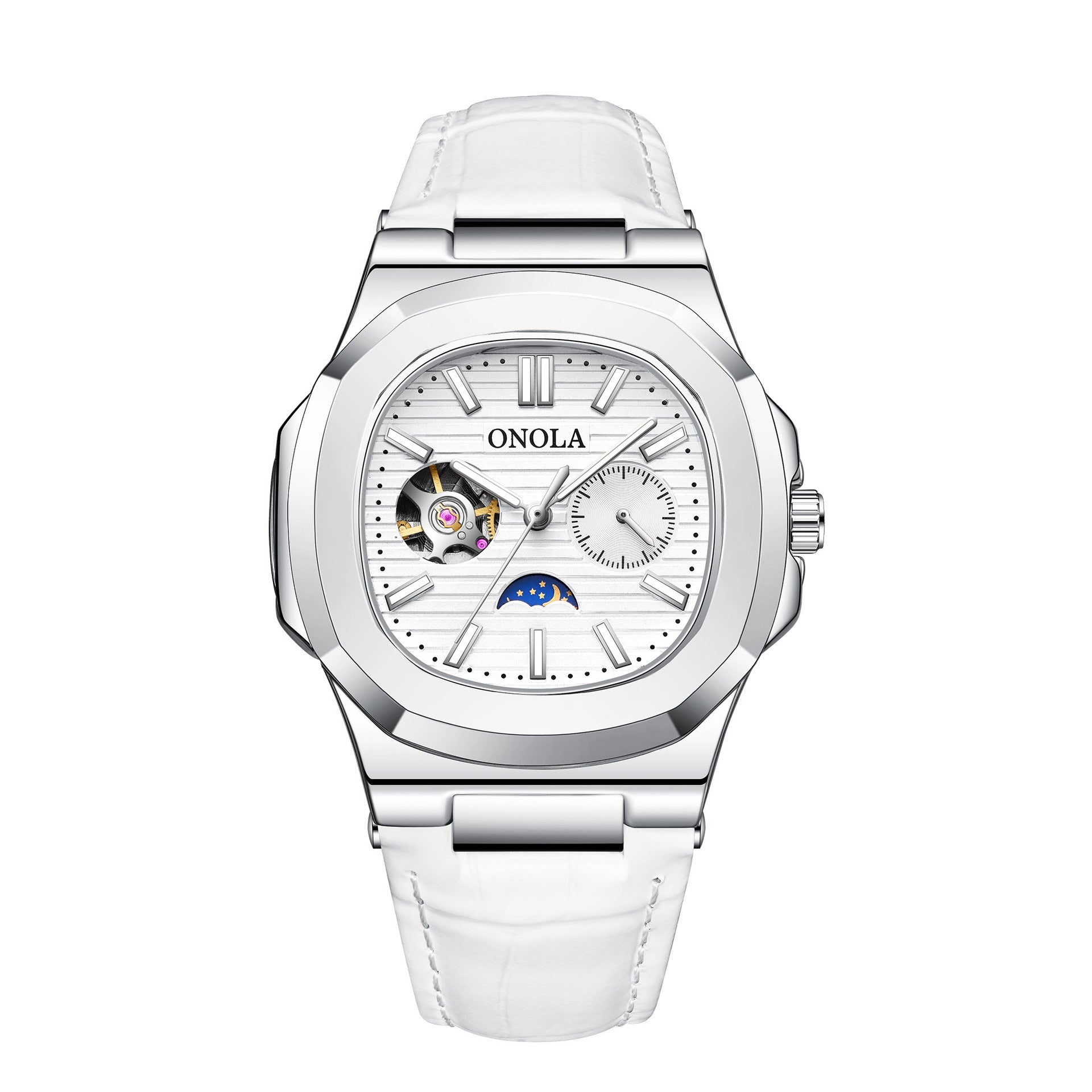 Montre mécanique haut de gamme design Soleil Lune Étoiles, bracelet cuir étanche - IVOIRART.COM
