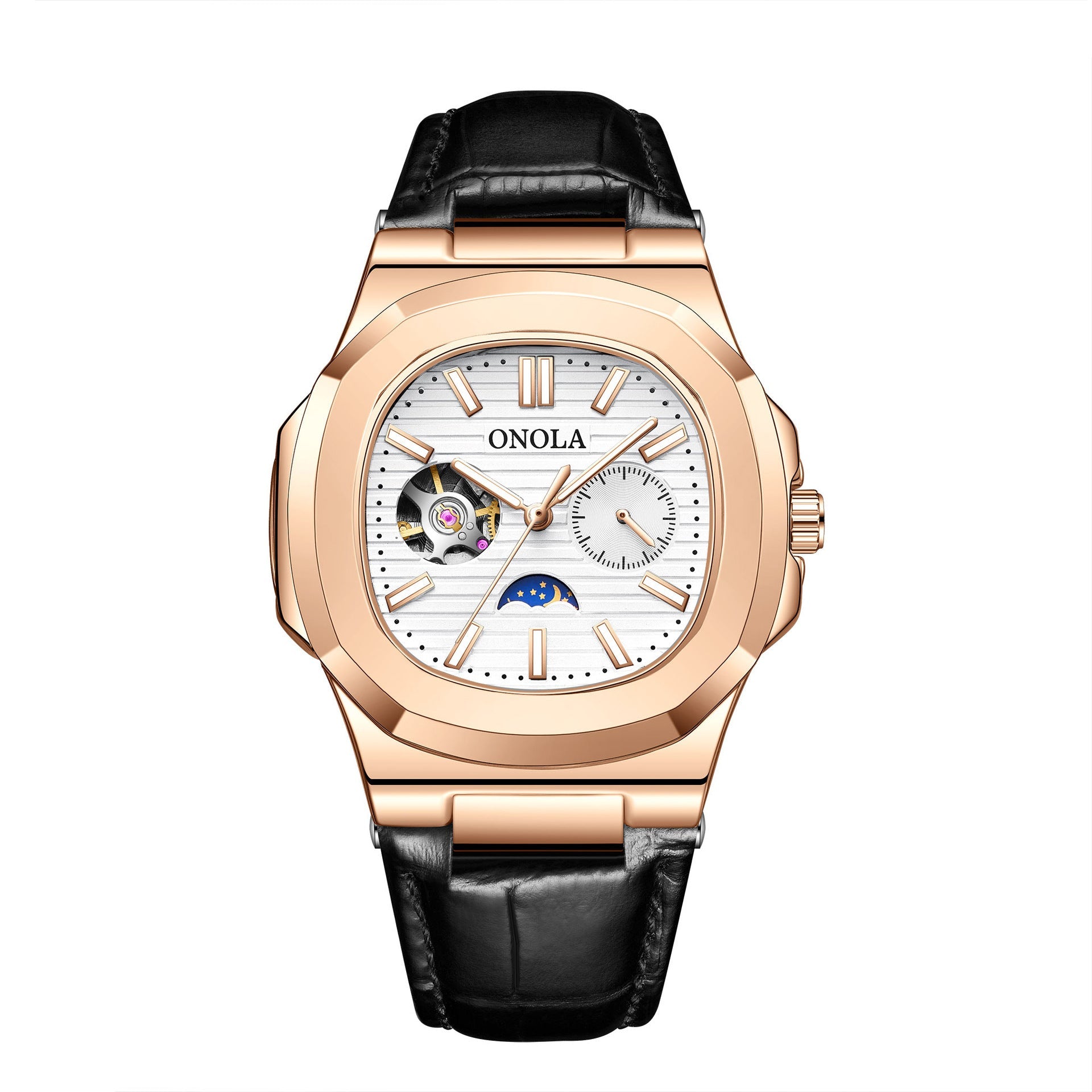 Montre mécanique haut de gamme design Soleil Lune Étoiles, bracelet cuir étanche - IVOIRART.COM