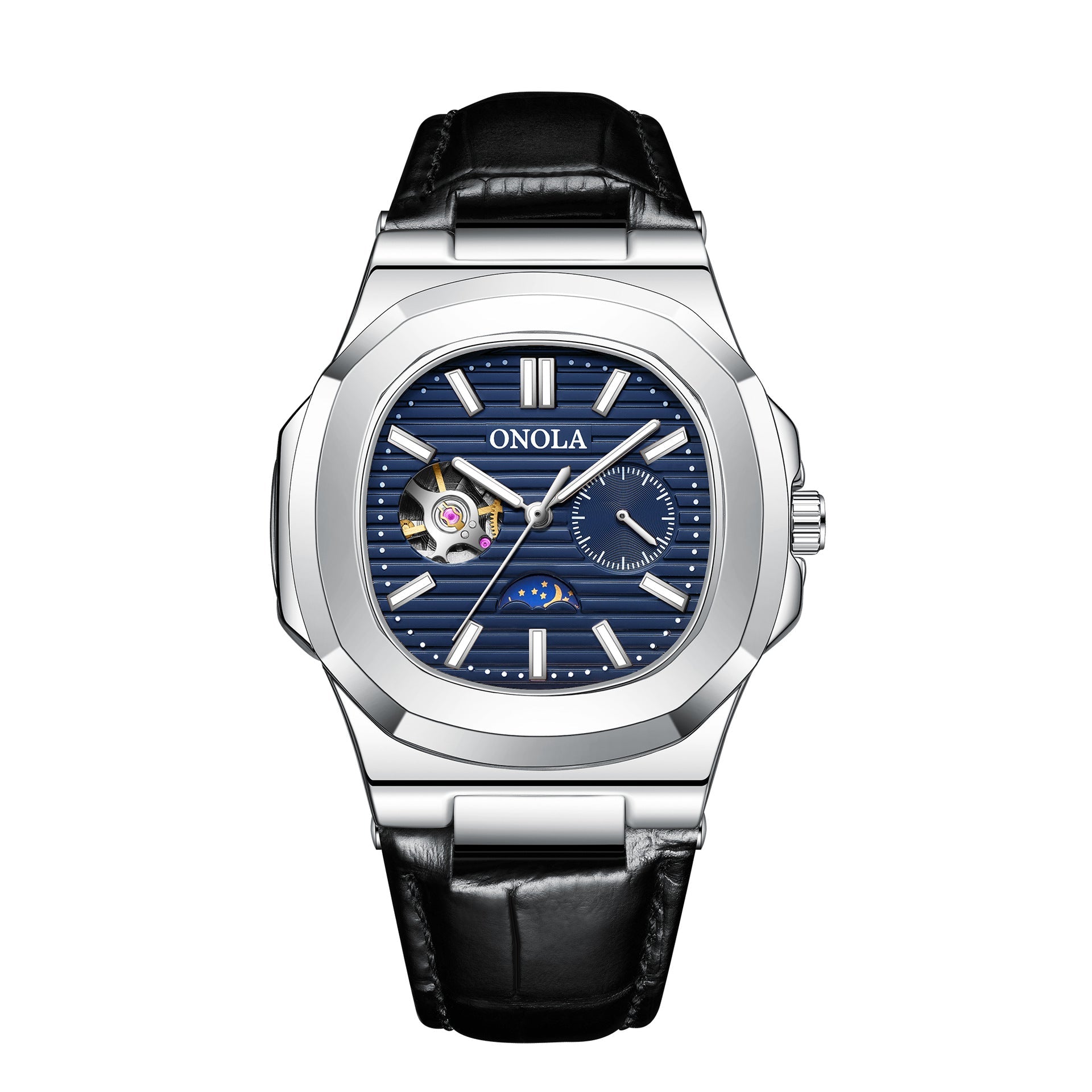 Montre mécanique haut de gamme design Soleil Lune Étoiles, bracelet cuir étanche - IVOIRART.COM