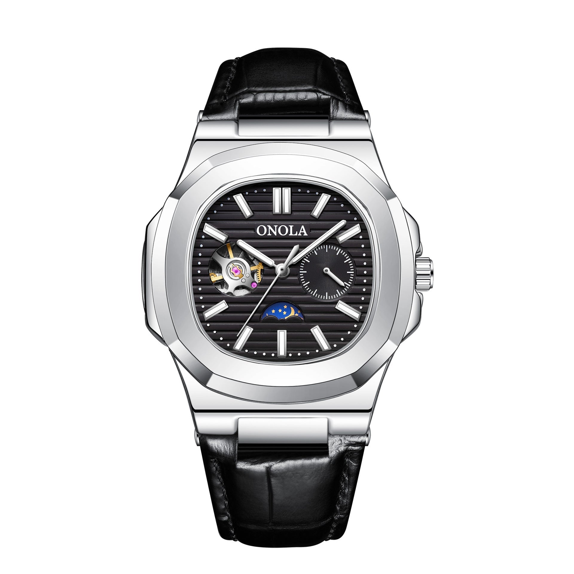Montre mécanique haut de gamme design Soleil Lune Étoiles, bracelet cuir étanche - IVOIRART.COM