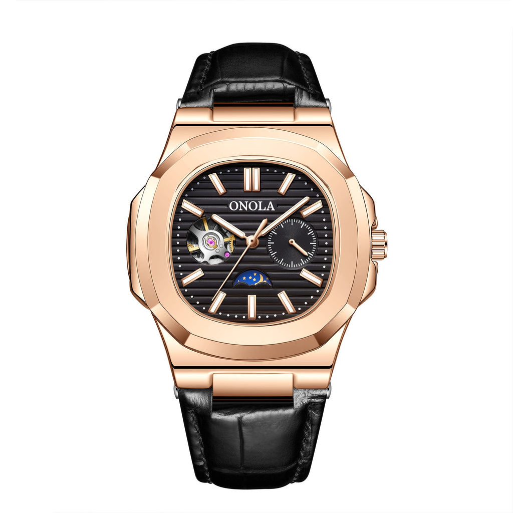 Montre mécanique haut de gamme design Soleil Lune Étoiles, bracelet cuir étanche - IVOIRART.COM