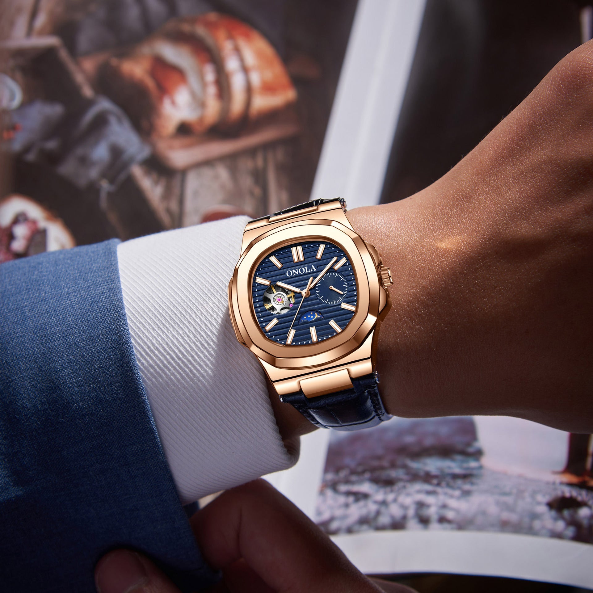 Montre mécanique haut de gamme design Soleil Lune Étoiles, bracelet cuir étanche - IVOIRART.COM