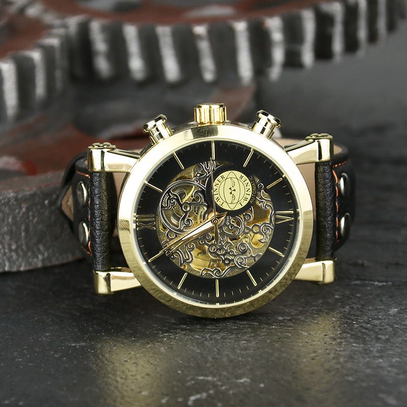 Montre mécanique homme style punk automatique avec bracelet cuir et boîtier alliage - IVOIRART.COM