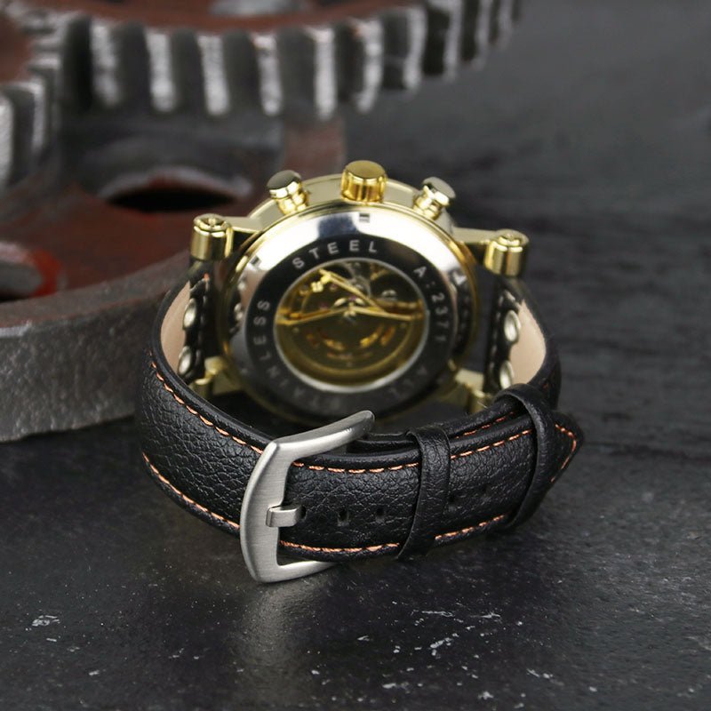 Montre mécanique homme style punk automatique avec bracelet cuir et boîtier alliage - IVOIRART.COM