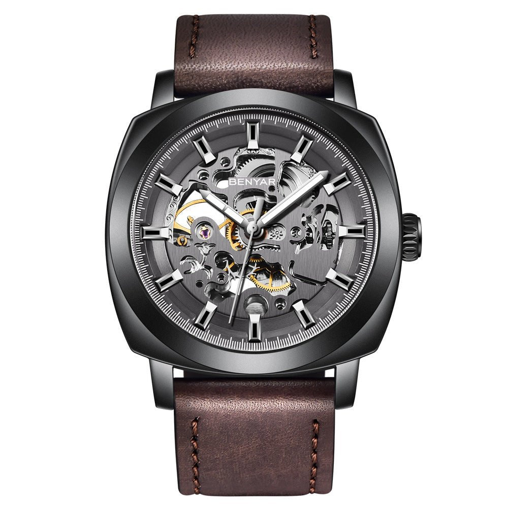 Montre mécanique squelette élégante avec bracelet en cuir de haute qualité étanche 30 M - IVOIRART.COM