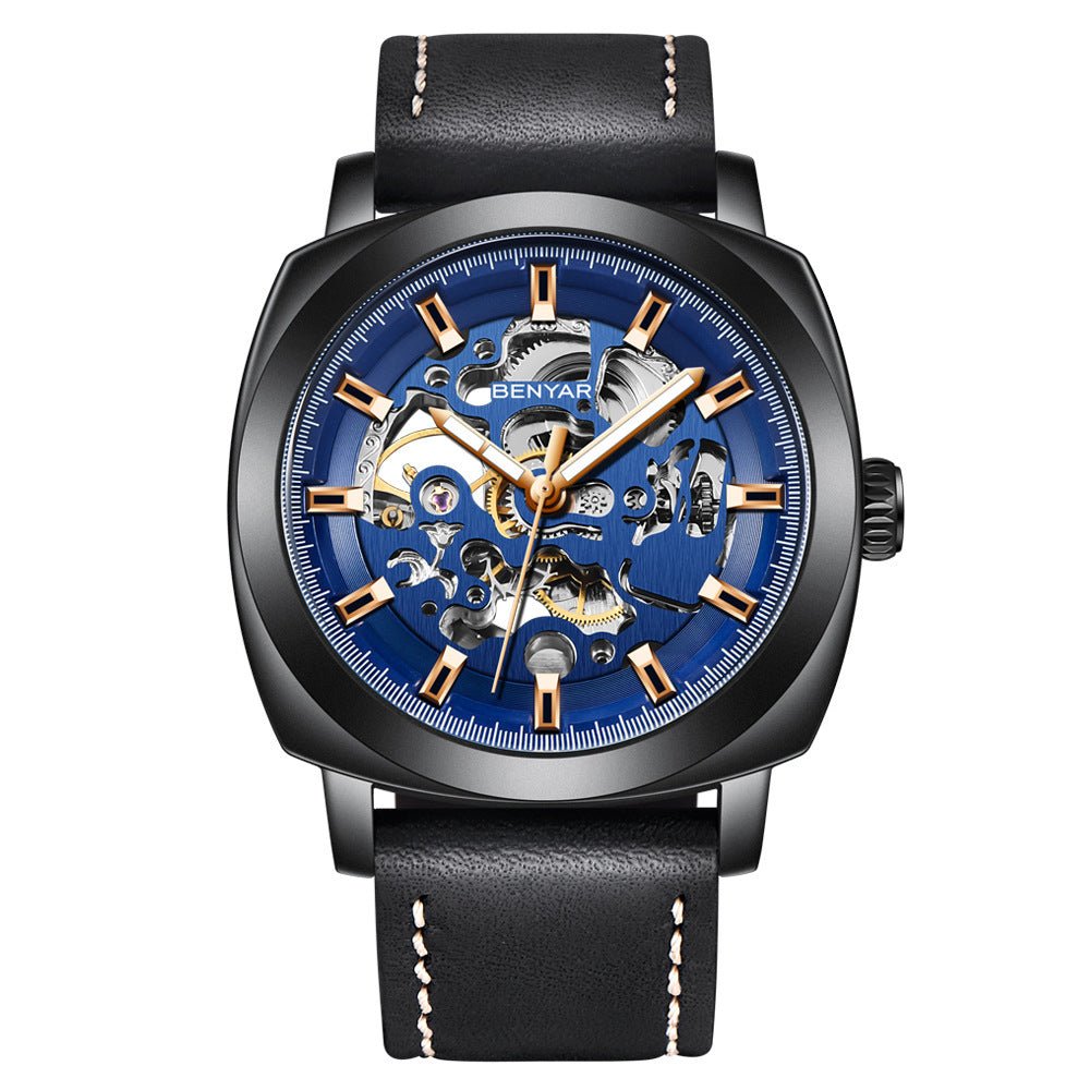 Montre mécanique squelette élégante avec bracelet en cuir de haute qualité étanche 30 M - IVOIRART.COM