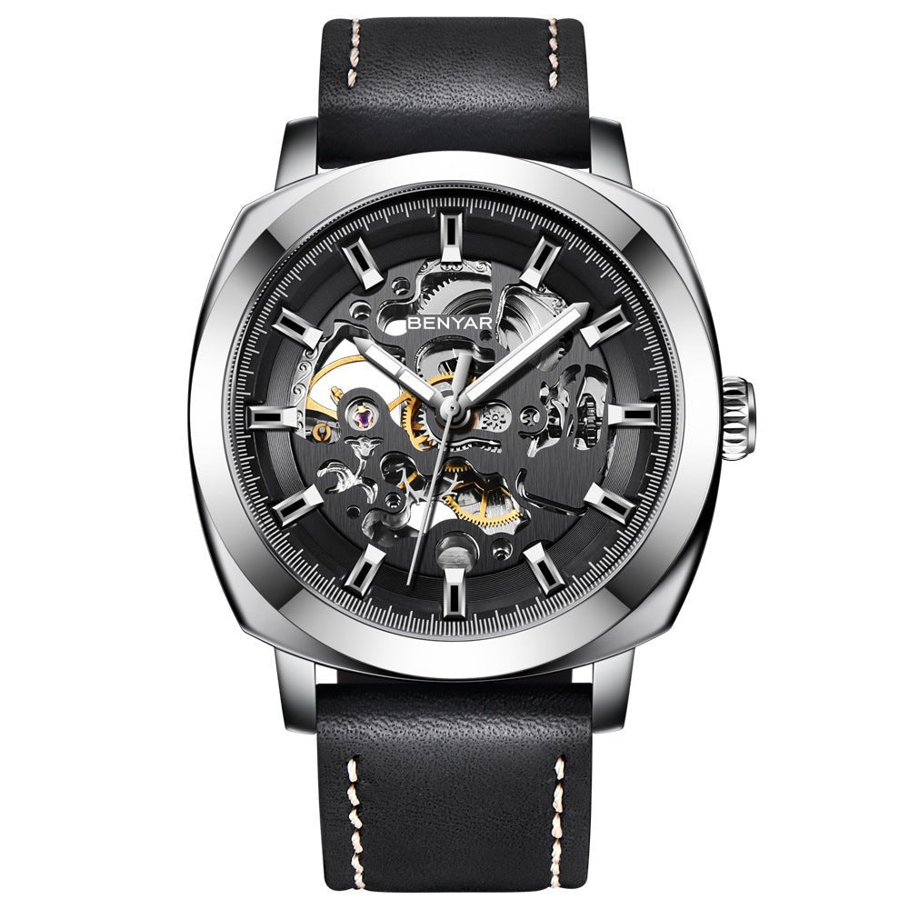 Montre mécanique squelette élégante avec bracelet en cuir de haute qualité étanche 30 M - IVOIRART.COM