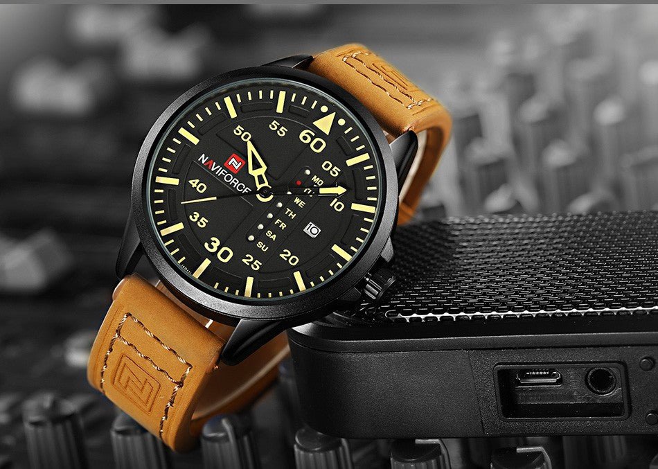 Montre Sport Homme NAVIFORCE de Luxe, Quartz avec Date, Bracelet Cuir Militaire - IVOIRART.COM