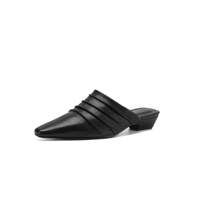 Mules artisanales pour femme en cuir pleine fleur de mouton froncé, talon bas carré - IVOIRART.COM
