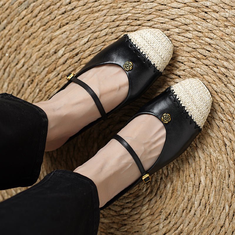 Mules artisanales pour femmes en cuir pleine fleur, style espadrille à bout carré - IVOIRART.COM