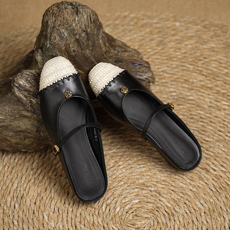 Mules artisanales pour femmes en cuir pleine fleur, style espadrille à bout carré - IVOIRART.COM