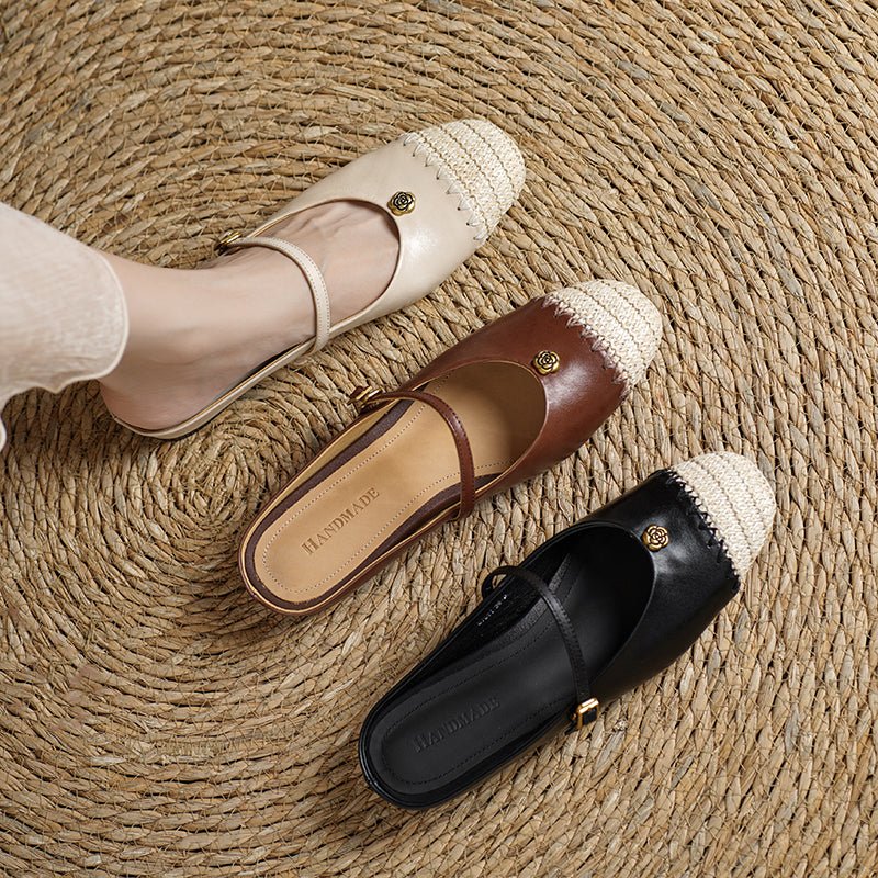 Mules artisanales pour femmes en cuir pleine fleur, style espadrille à bout carré - IVOIRART.COM
