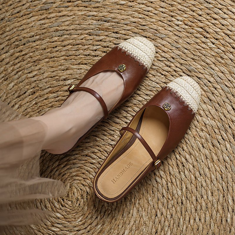 Mules artisanales pour femmes en cuir pleine fleur, style espadrille à bout carré - IVOIRART.COM
