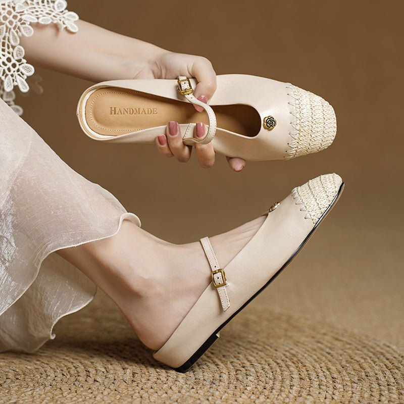 Mules artisanales pour femmes en cuir pleine fleur, style espadrille à bout carré - IVOIRART.COM