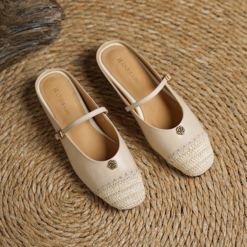 Mules artisanales pour femmes en cuir pleine fleur, style espadrille à bout carré - IVOIRART.COM