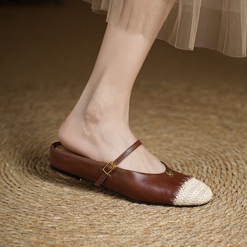 Mules artisanales pour femmes en cuir pleine fleur, style espadrille à bout carré - IVOIRART.COM