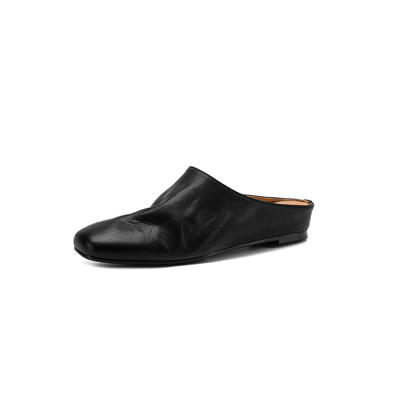 Mules plates artisanales pour femmes en peau de mouton pleine fleur, bout carré, style coréen minimaliste - IVOIRART.COM