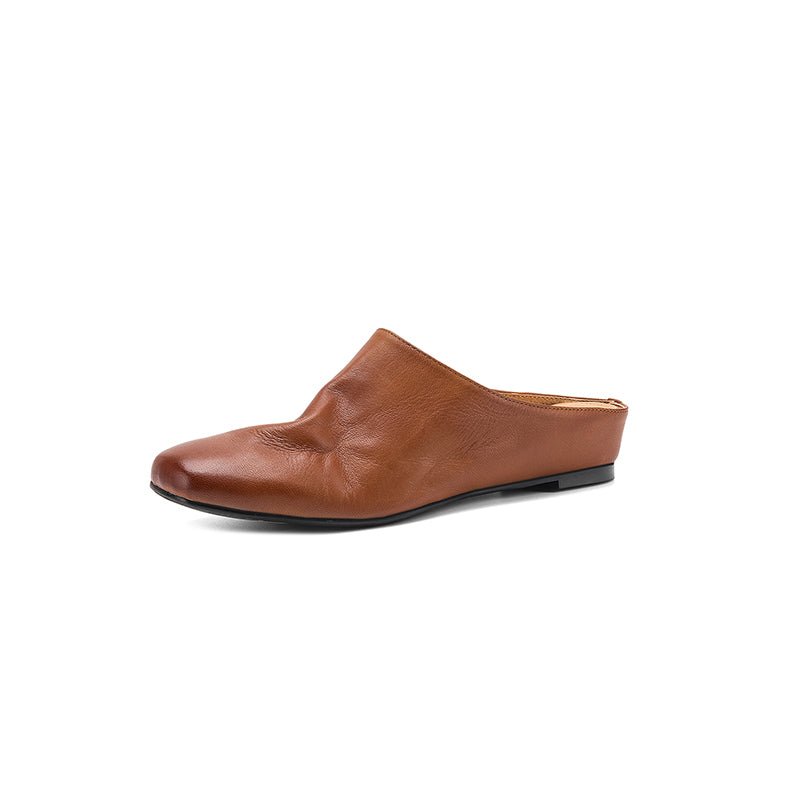 Mules plates artisanales pour femmes en peau de mouton pleine fleur, bout carré, style coréen minimaliste - IVOIRART.COM