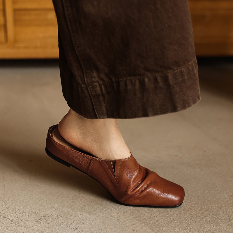 Mules plates artisanales pour femmes en peau de mouton pleine fleur, bout carré, style coréen minimaliste - IVOIRART.COM