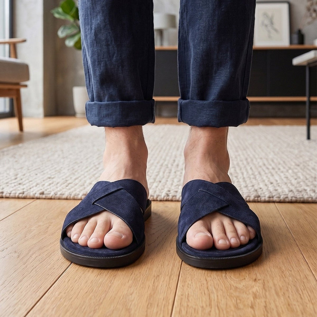 Mules suède homme — Sandales d'été croisées, semelle caoutchouc, été quotidiens. - IVOIRART.COM