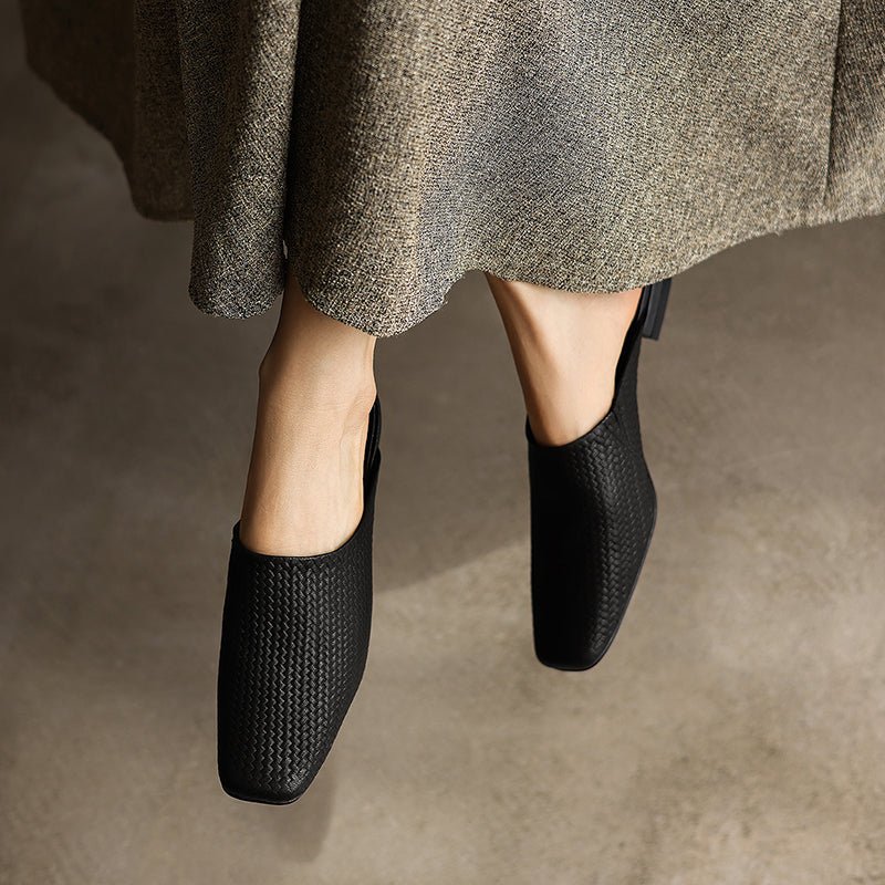 Mules tissées artisanales en peau de mouton teintée d'eau pour femmes, talon carré épais, dos ouvert, doublure en peau de porc - IVOIRART.COM