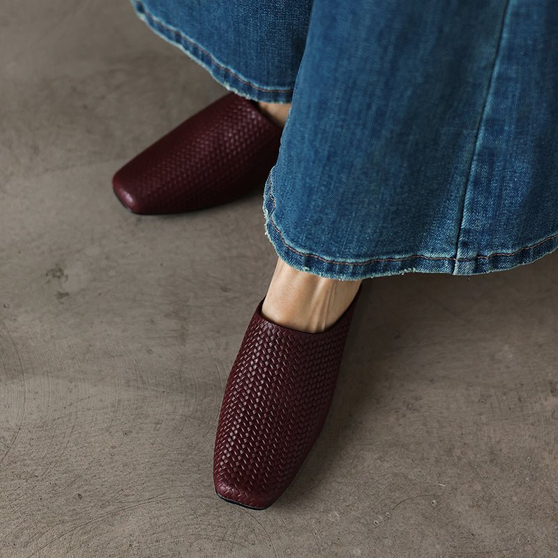 Mules tissées artisanales en peau de mouton teintée d'eau pour femmes, talon carré épais, dos ouvert, doublure en peau de porc - IVOIRART.COM