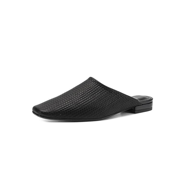 Mules tissées artisanales en peau de mouton teintée d'eau pour femmes, talon carré épais, dos ouvert, doublure en peau de porc - IVOIRART.COM