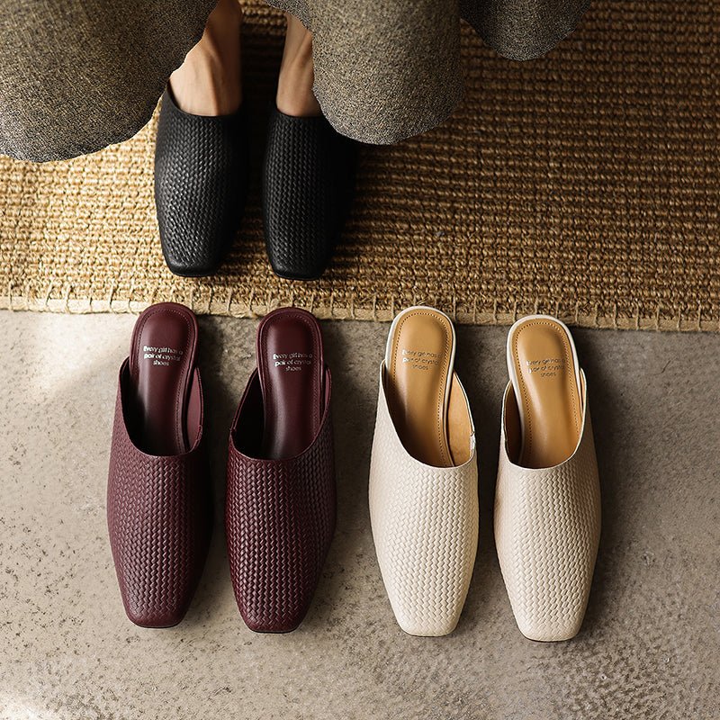 Mules tissées artisanales en peau de mouton teintée d'eau pour femmes, talon carré épais, dos ouvert, doublure en peau de porc - IVOIRART.COM