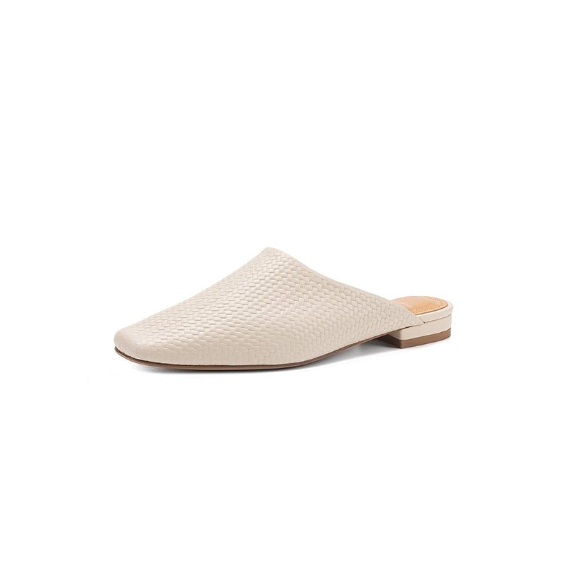 Mules tissées artisanales en peau de mouton teintée d'eau pour femmes, talon carré épais, dos ouvert, doublure en peau de porc - IVOIRART.COM