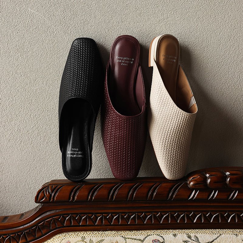Mules tissées artisanales en peau de mouton teintée d'eau pour femmes, talon carré épais, dos ouvert, doublure en peau de porc - IVOIRART.COM