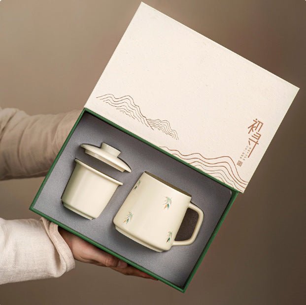 National Style Ceramic Cup Mug With Lid Tea Water Separation - IVOIRART.COM
