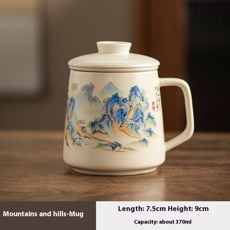 National Style Ceramic Cup Mug With Lid Tea Water Separation - IVOIRART.COM