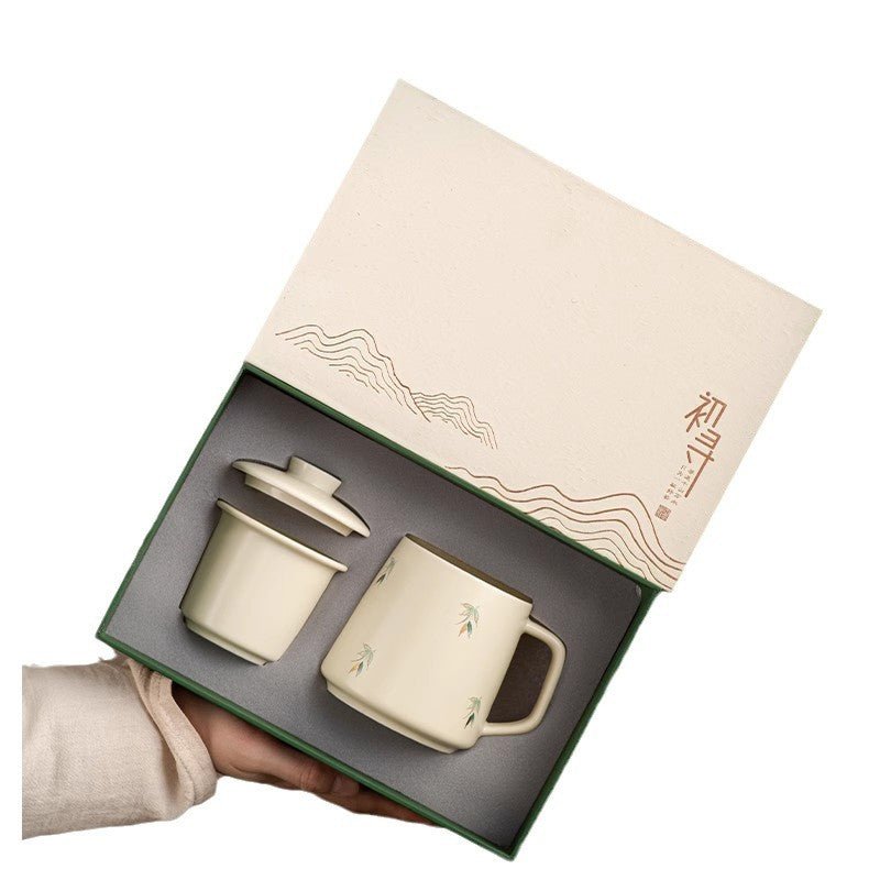 National Style Ceramic Cup Mug With Lid Tea Water Separation - IVOIRART.COM