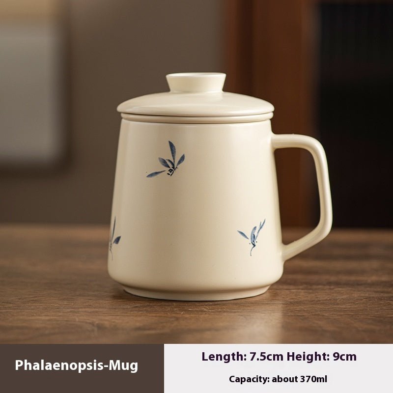 National Style Ceramic Cup Mug With Lid Tea Water Separation - IVOIRART.COM
