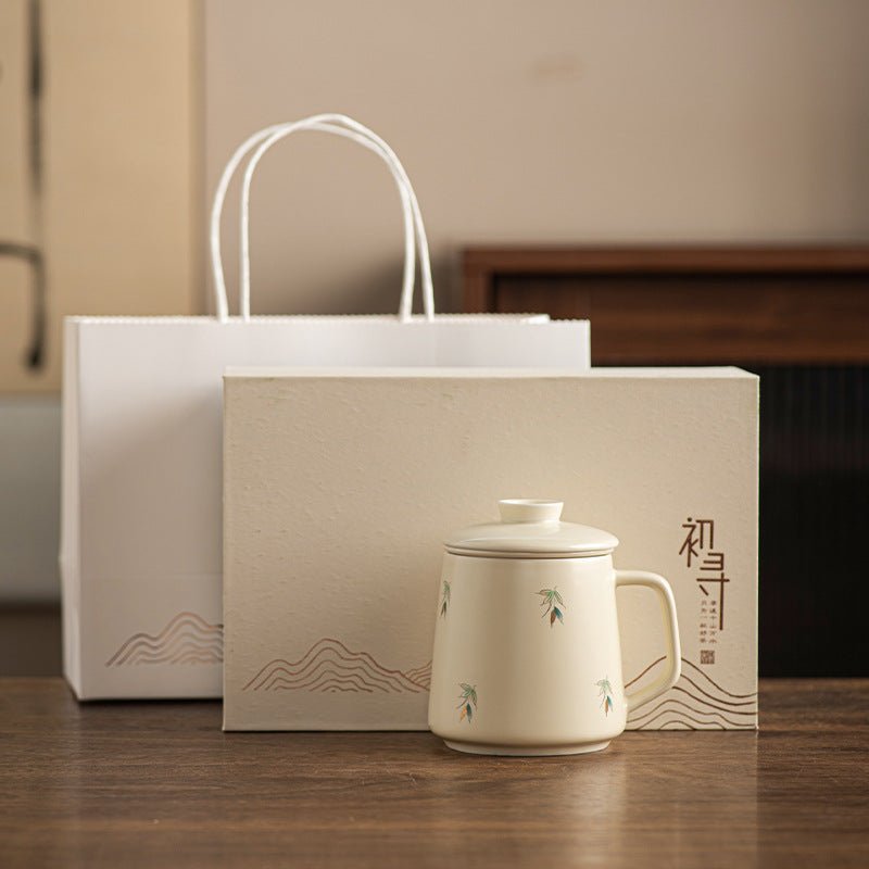National Style Ceramic Cup Mug With Lid Tea Water Separation - IVOIRART.COM