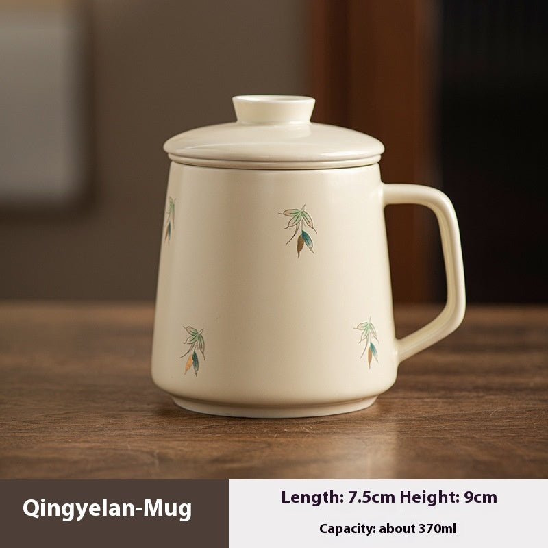 National Style Ceramic Cup Mug With Lid Tea Water Separation - IVOIRART.COM