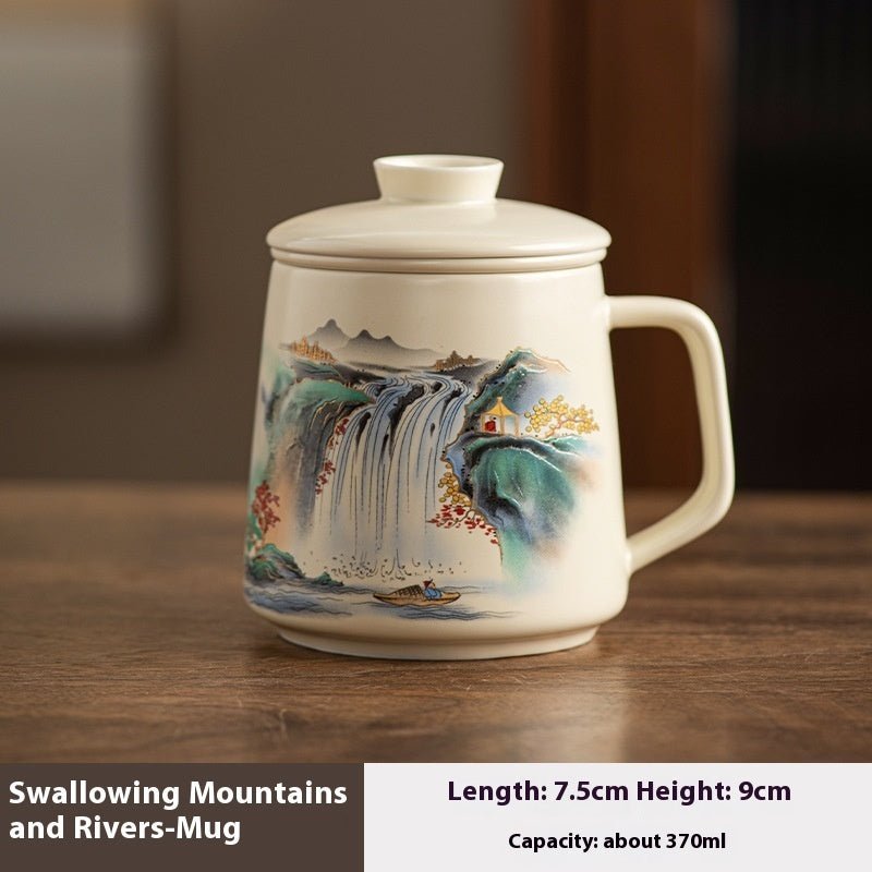 National Style Ceramic Cup Mug With Lid Tea Water Separation - IVOIRART.COM