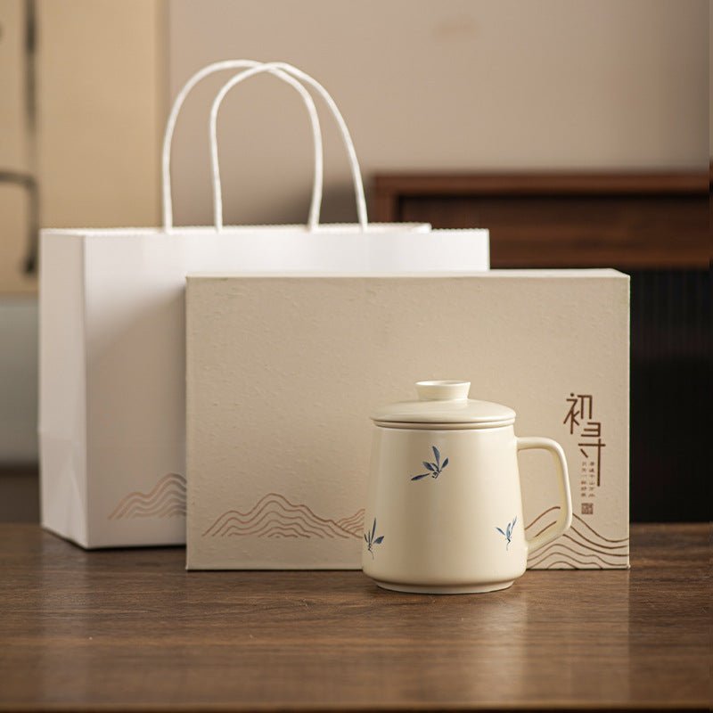 National Style Ceramic Cup Mug With Lid Tea Water Separation - IVOIRART.COM