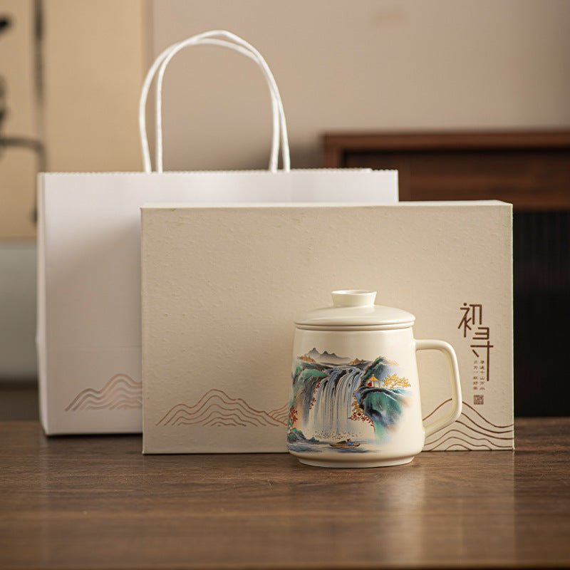 National Style Ceramic Cup Mug With Lid Tea Water Separation - IVOIRART.COM