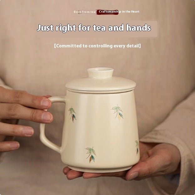 National Style Ceramic Cup Mug With Lid Tea Water Separation - IVOIRART.COM