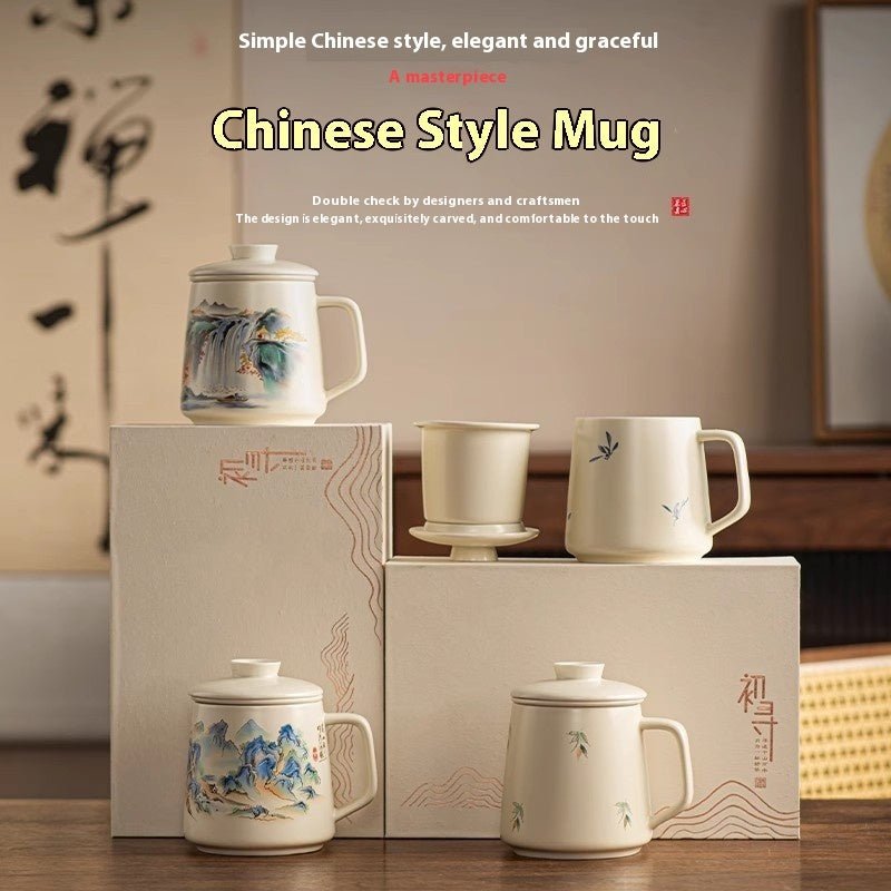 National Style Ceramic Cup Mug With Lid Tea Water Separation - IVOIRART.COM