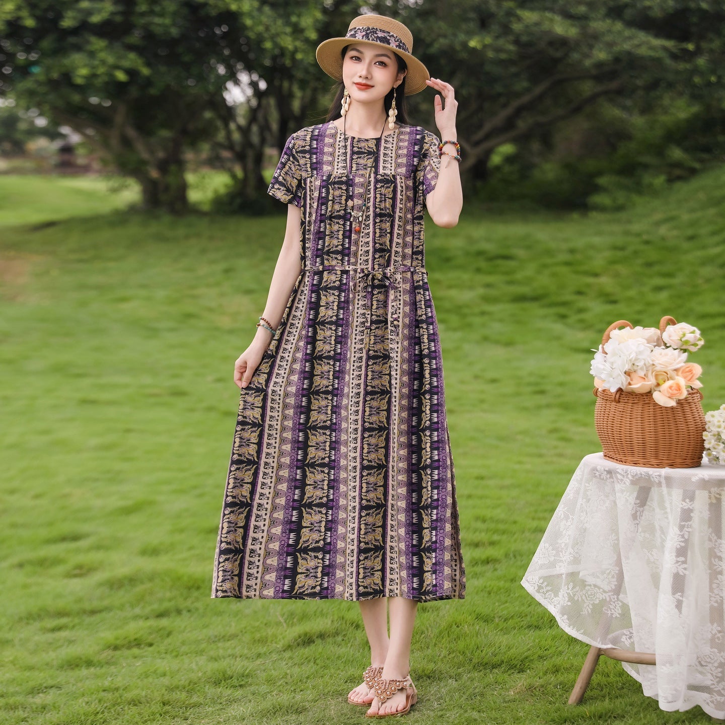 New Elegant Cotton Silk Dress For Middle Aged And Senior Women - IVOIRART.COM