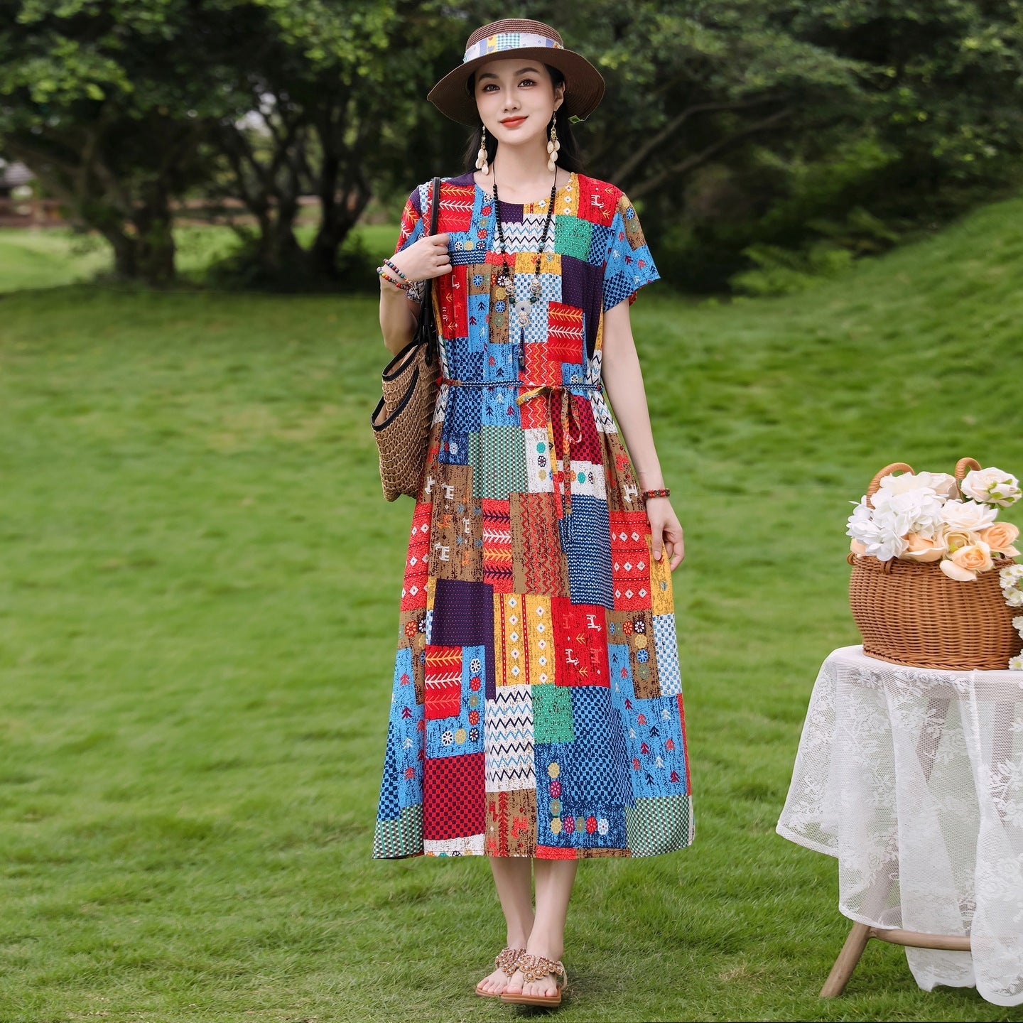 New Elegant Cotton Silk Dress For Middle Aged And Senior Women - IVOIRART.COM