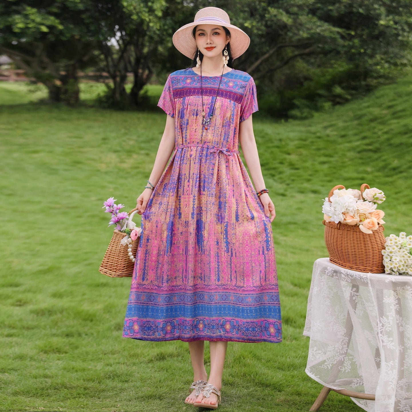 New Elegant Cotton Silk Dress For Middle Aged And Senior Women - IVOIRART.COM
