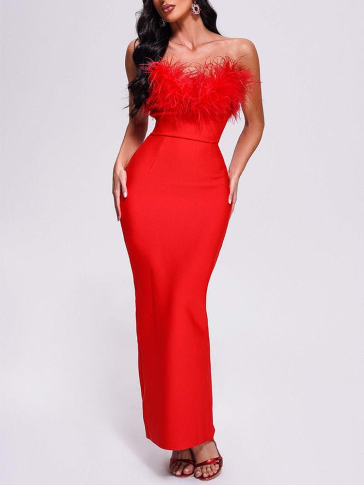 New Ostrich Fur Tube Top Dress For Women - IVOIRART.COM
