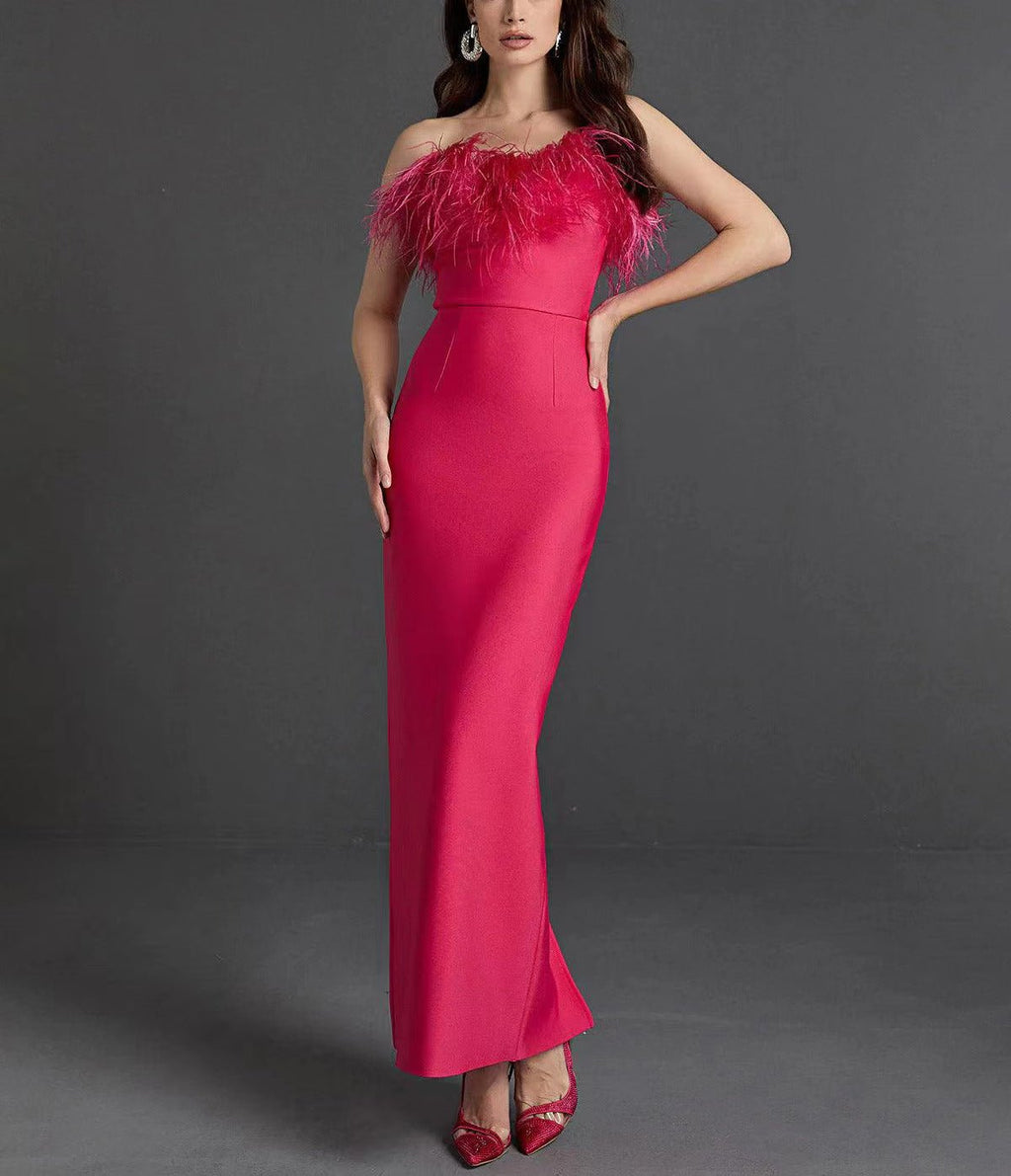 New Ostrich Fur Tube Top Dress For Women - IVOIRART.COM