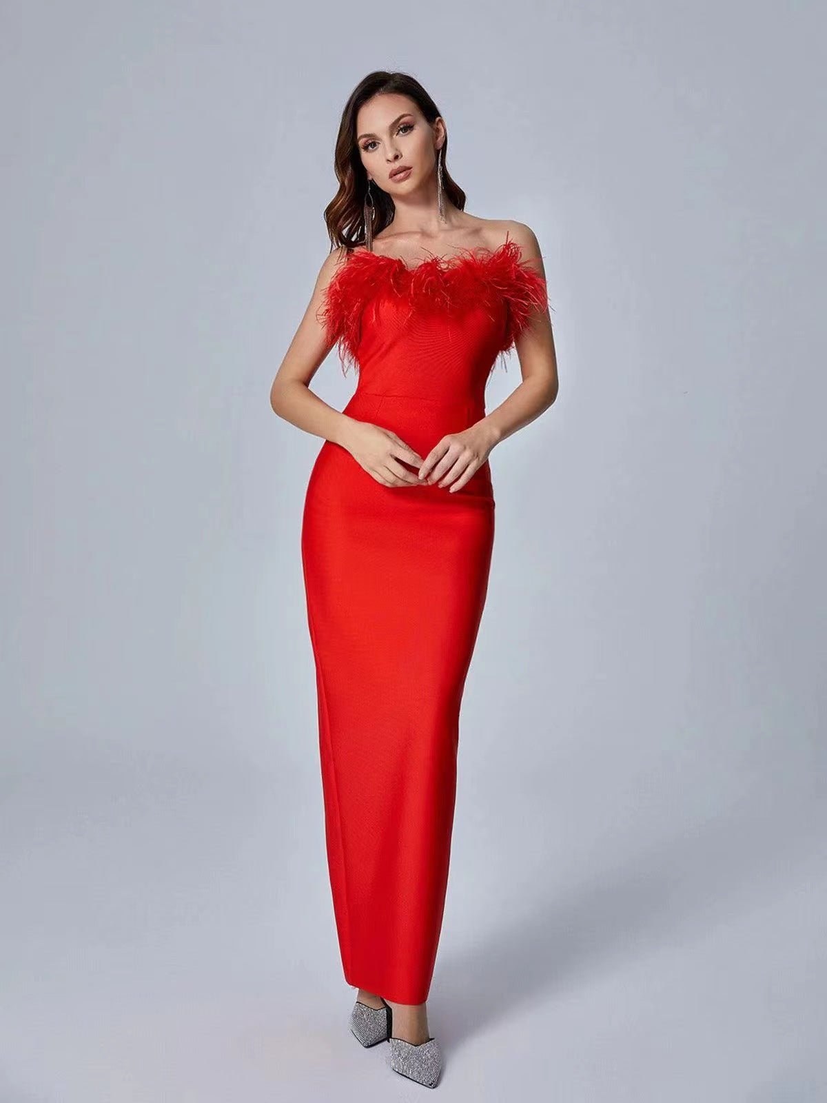New Ostrich Fur Tube Top Dress For Women - IVOIRART.COM