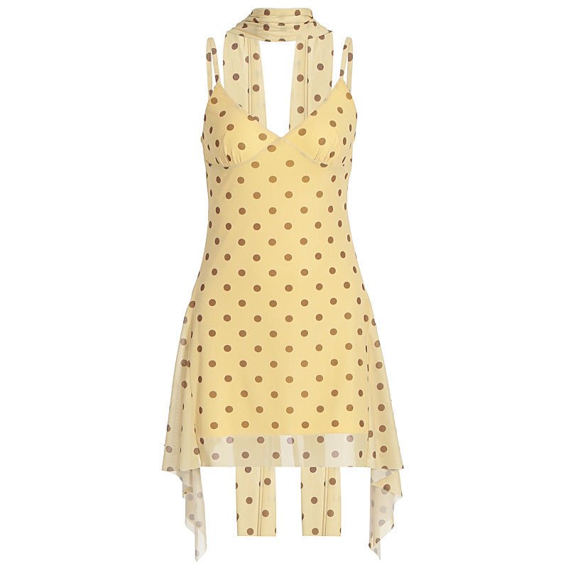 New Strap Halter Dress With Ribbon And Polka-dot Print For Women - IVOIRART.COM